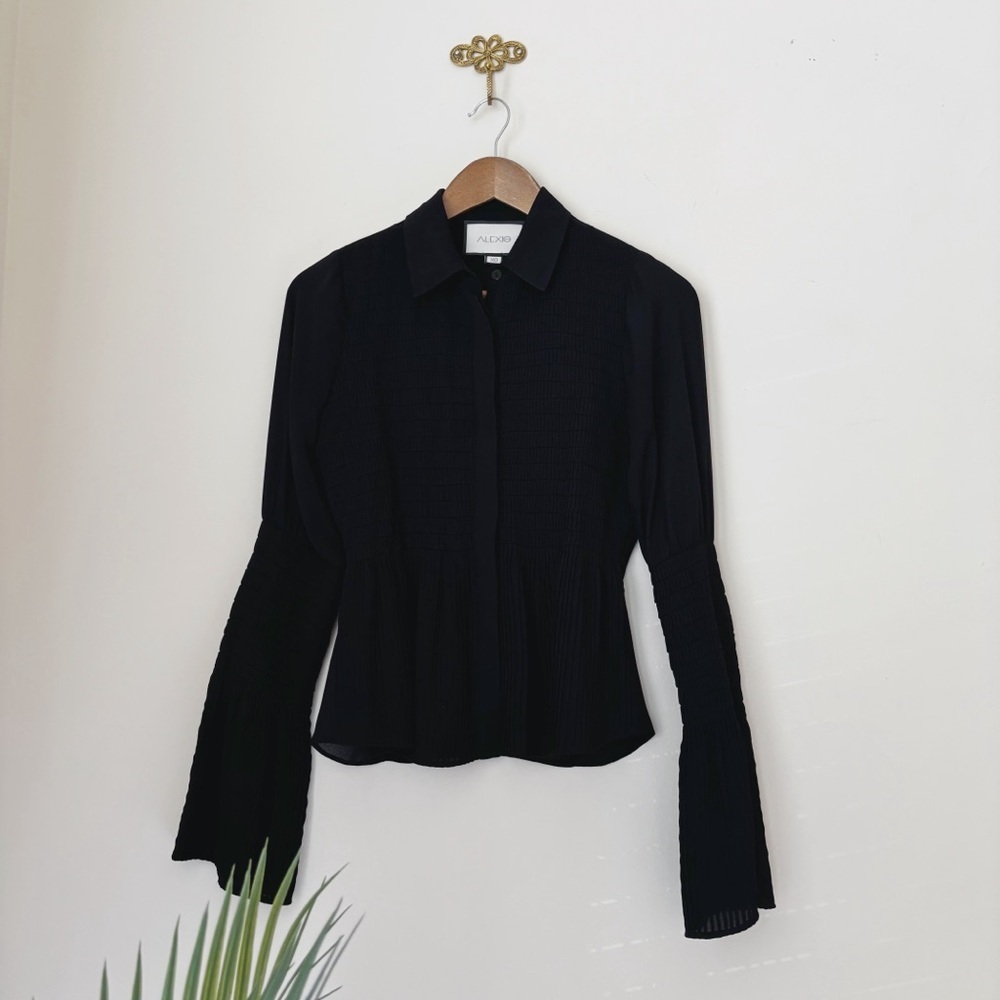 Alexis Black Pleated Bell Sleeve Button Front Top XS